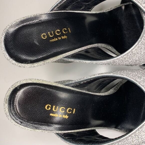 Gucci Webby Mules EU 36.5 US 6.5 Silver Glitter Block Heel Criss Cross Sandals - Picture 7 of 9